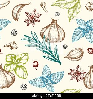 Vintage hand drawn floral seamless pattern with spices and herbs. Vector background Stock Vector