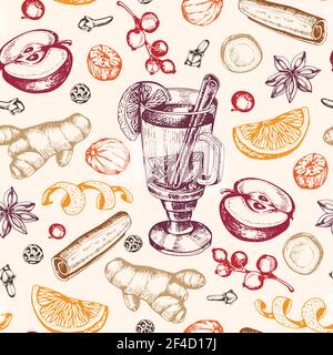 Vintage hand drawn seamless pattern with mulled wine and spices. Traditional Christmas food and drink. Vector background. Stock Vector