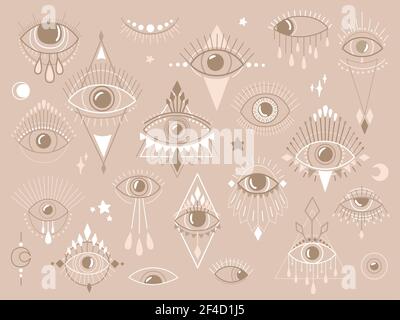 Eye of Providence Trendy Set. Magic witchcraft symbol. Evil eyes collection. Magical esoteric religion sacred geometry symbol vector illustration. Stock Vector