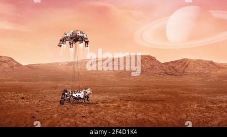 Landing of  Mars Rover on surface of red planet. Elements of this image furnished by NASA. Stock Photo