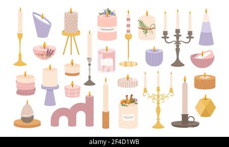 Candles in candlesticks. Vintage old candelabras candlestick. Decorative burning candle in holder. Candlelight flame vector set. Candelabra and candle Stock Vector