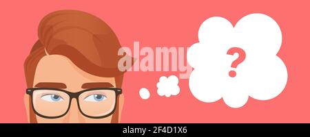 Man thinking, pensive young male character wearing glasses thinks with question mark Stock Vector