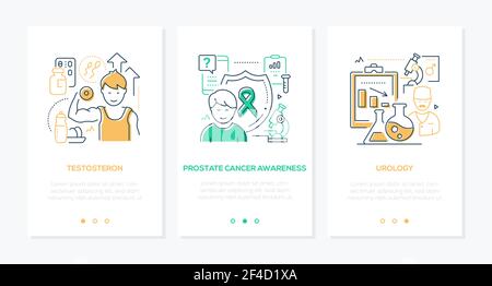 Men health - modern line design style web banners with copy space for text. Healthcare tracking mobile app for boys. Urology, prostate cancer awarenes Stock Vector