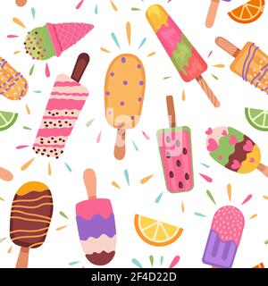 Ice creams seamless pattern. Summer holidays with popsicles, ice cream cones and frozen chocolate dessert. Cartoon sweet food vector texture. Illustra Stock Vector