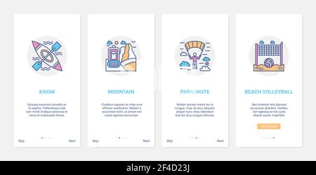 Summer time extreme sport line activity UI, UX onboarding mobile app page screen set Stock Vector