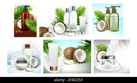 Coconut Cosmetics Promotion Posters Set Vector Stock Vector
