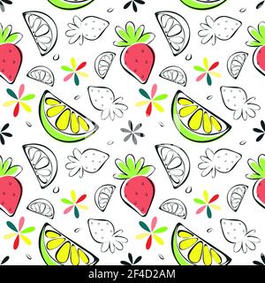 Vector summer fruits seamless pattern, sketch hand drawn lemon slice, strawberry, transparent shapes, flowers in colors of bright pink, lime green Stock Vector