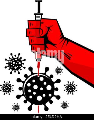 Red hand pierces the coronavirus with a syringe needle. Retro style poster on transparent background. Vector Stock Vector