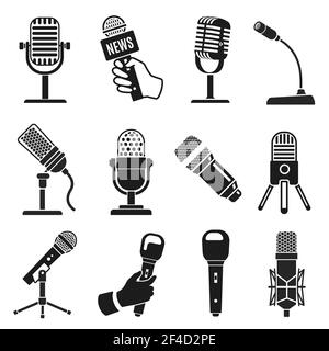 Microphone silhouette. Modern and old vintage mic icons. Music or podcast recording. Logo element for karaoke and radio broadcast vector set. Illustra Stock Vector