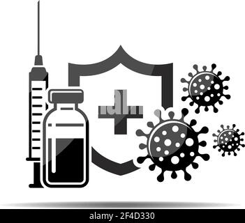 Hygiene shield, vaccine syringe with bacterial prevention, immune from flu germ icon. Vector coronavirus vaccination concept Stock Vector