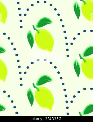 Lemon geometric seamless pattern, hand drawn illustration in yellow, lime green color palette, dot shapes, white backgorund Stock Vector