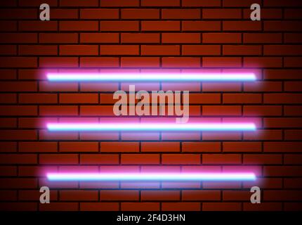Neon shelves on the red brick wall. Classic 80s styled shiny glowing ...