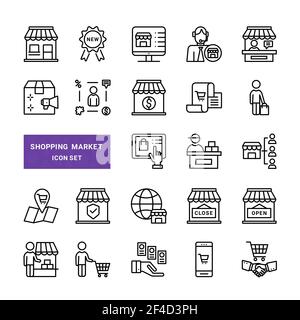 Set of shopping and market vector line icons. Include such icons  as store, buyer, e-commerce Stock Vector