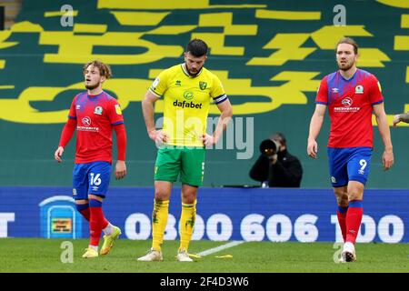 Norwich, Norfolk, UK. 20th March 2021; Carrow Road, Norwich, Norfolk, England, English Football League Championship Football, Norwich versus Blackburn Rovers; A dejected Grant Hanley of Norwich City after the 1-1 draw Credit: Action Plus Sports Images/Alamy Live News Stock Photo