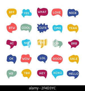 Set of online chat vector clouds. Bubble talk phrases with  different words, comments and information shapes Stock Vector