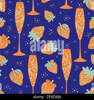 Abstract champagne and strawberry vector seamless pattern background. Neon orange indigo blue backdrop with fizz, champagne flutes,bottles Stock Vector