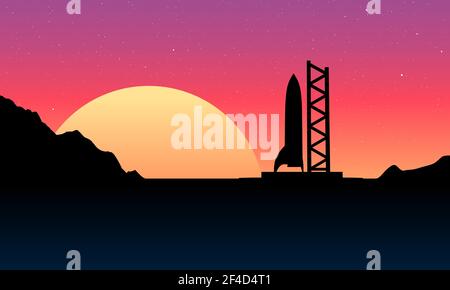Space rocket ready to start on launching site. Spaceship silhouette takeoff countdown on the sunset illustration Stock Vector