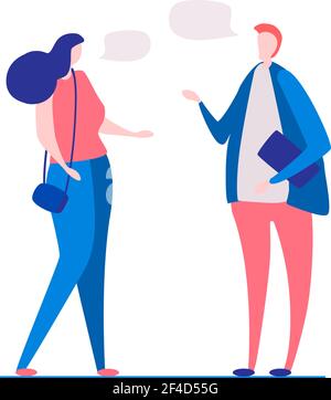 a man and a woman talking. A break in work, a in college. Cute conversation of students, freelancers. Vector Illustration, flat style, isolated on white background Stock Vector