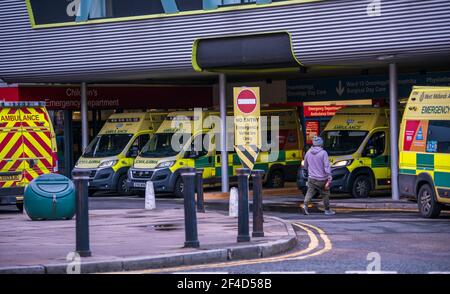 Five ambulances at Birmingham Children's Hospital A&E department during the COVID pandemic Stock Photo