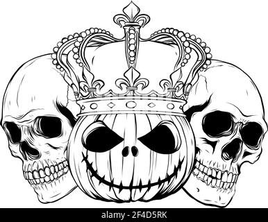 draw in black and white of Halloween skull with pupmkids vector image Stock Vector