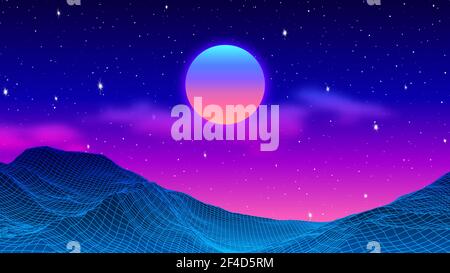 80s synthwave styled landscape with blue grid mountains and sun over ...