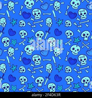pattern with skulls and hearts, bones and daggers Stock Vector