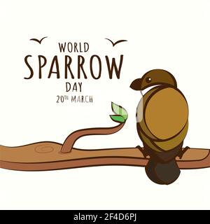 World Sparrow Day 20th March poster, bird sitting on tree branch cartoon illustration vector Stock Vector