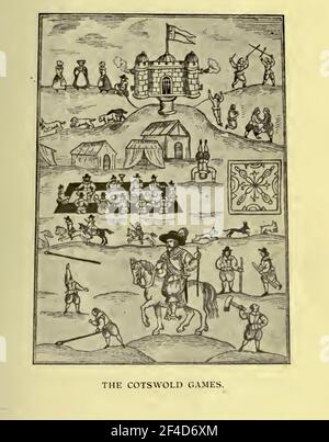 Image from 1636 depicting the Cotswold Games - Robert Dover, founder of the games, is on horseback, carrying a wand. A merry time was had by all. Stock Photo