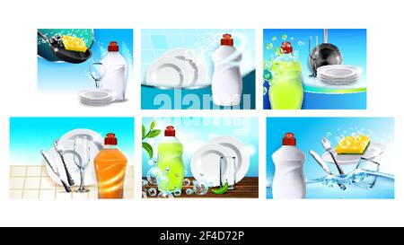 Dish Soap Detergent Advertising Posters Set Vector Stock Vector