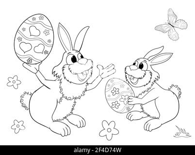 Sketch of two Easter bunnies. Easter eggs. Black outlines on a white background. Coloring book for children.Two little bunnies. Stock Vector