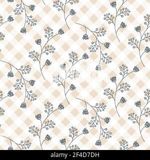 Seamless floral pattern with curve small flowers on tartan checkered background. Stock Vector