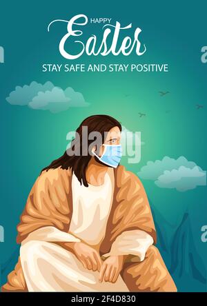 happy Easter greetings. Jesus vector illustration design. covid-19 corona virus concept Stock Vector