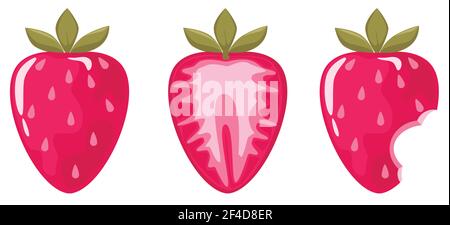 juicy strawberries set, whole and cut. suitable for gift paper, fruit design. Festive poster, greeting banner, clothing print. Childrens background Stock Vector
