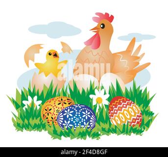 Chicken, Hen and easter eggs, cartoon. Illustration of Chicken climbing out of an egg, spring meadow with eggs. Vector available Stock Vector