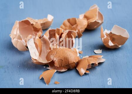 Broken egg shells on blue background Stock Photo