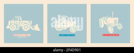 Set of vector illustrations of tractors. Simple flat, retro style. Tractor, hay harvester, harvester, agrimotor. Modern and outdated models of vehicle Stock Vector