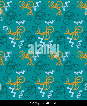 Cycling icons, Seamless decorative pattern. Colorful background with cyclists anfd bicycle parts symbols. Vector available. Stock Vector