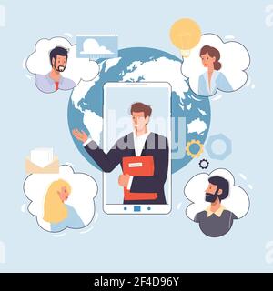 Cartoon flat man character communicates in mobile phone app,vector illustration concept Stock Vector