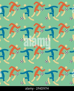 Soccer players, Seamless decorative pattern, retro colors background. Green backdrop with football players. Vector available. Stock Vector