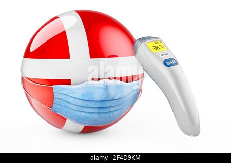 Danish flag with medical mask and infrared electronic thermometer. Pandemic in Denmark concept, 3D rendering isolated on white background