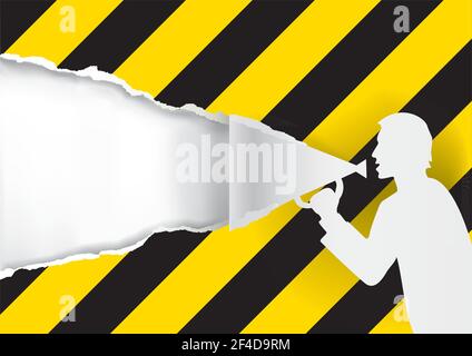 Man with megaphone tearing under Construction sign paper background.Expressive Banner template. Stock Vector