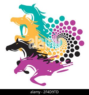 Four wild Horses with colorful spiral. Expressive illustration of horses running from the spiral. Vector available Stock Vector