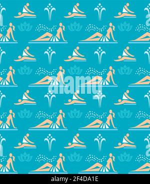 Spa massage sauna seamless decorative pattern. Woman in sauna and masseur icons on blue background.Vector available. Stock Vector