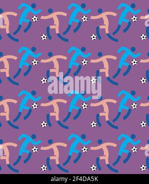 Soccer players, Seamless decorative pattern, retro colors background. Violet backdrop with football players. Vector available. Stock Vector