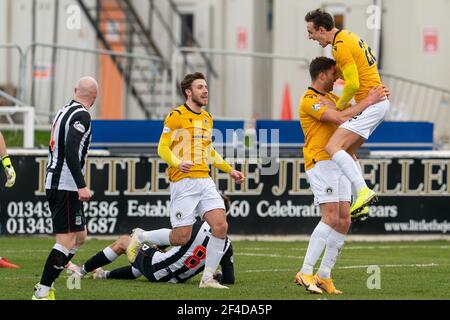 Elgin, UK. 20th Mar, 2021. 20 March 2021. This is from the Scottish League One match between Elgin City and Edinburgh City. Edinburgh celebrate the Goal by Robbie Macintyre Credit: JASPERIMAGE/Alamy Live News Stock Photo