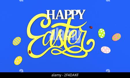 Festive easter greeting card with text Happy Easter and eggs on blue background Stock Photo