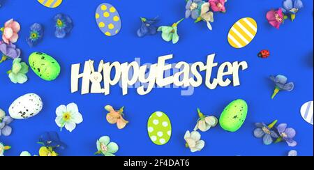 Happy Easter greeting card banner with Easter decoration, painted eggs and spring flowers on a blue background Stock Photo