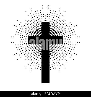 Christian cross with abstract dotted sun rays. Christian cross icon. Black religion symbol. Vector illustration. Abstract religion icon. Stock Vector