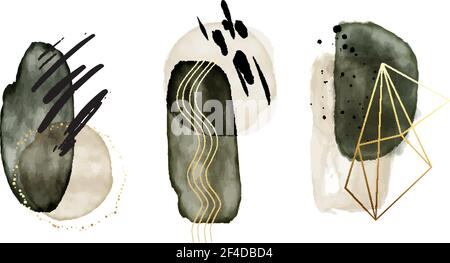 Watercolor painting, Deep green pastel  rustic boho gold and beige shapes. Emerald with metallic frames, border arrangement, business poster, doodle i Stock Vector