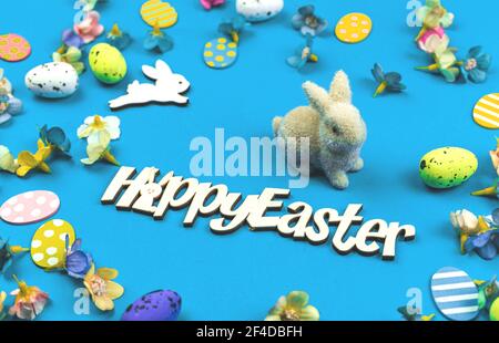 Happy Easter greeting card with bunny and text messages Stock Photo